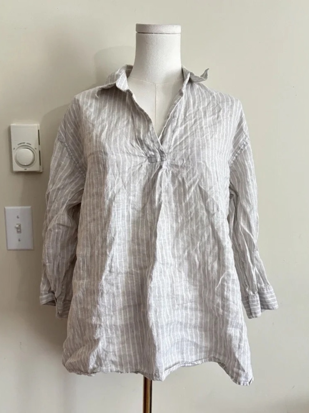 Light Gray Striped Linen Blend Tunic Top
